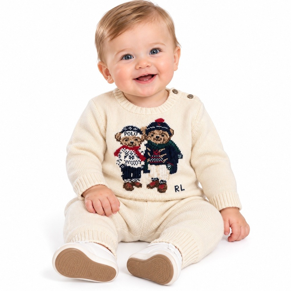 New Ralph Lauren Polo Bear Baby Sweater Set Parchment Cream 9M/12M NWT 245.00